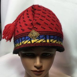 Vtg Merkley Headgear Red 100% Wool Beanie Hat Colorful Knit Canada